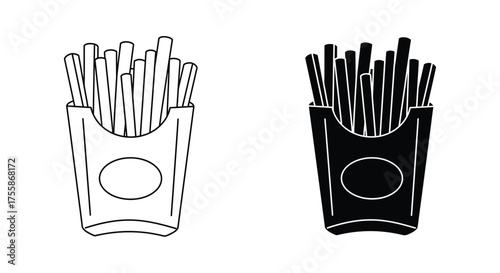 Simple black and white illustration of two servings of french fries