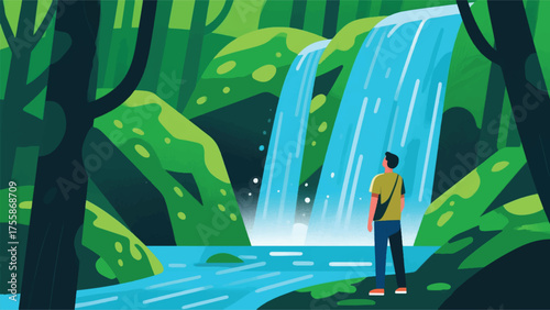Illustration Of Individual Admiring A Waterfall In A Lush, Green Forest, With Cascading Water And Mossy Rocks Vector Design Template