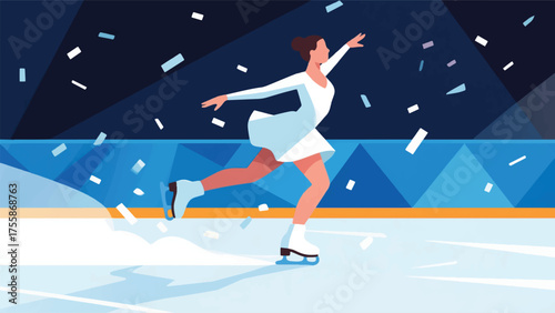 Illustration Of Ice Skater Performing A Spin On A Rink, With Graceful Movement And Ice Shavings Vector Design Template