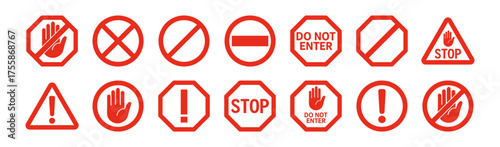 Red stop warning signs set vector illustration on transparent background
