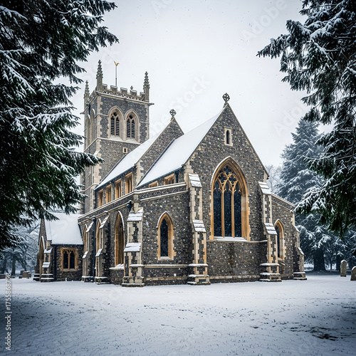 Stone Church Covered in Snow During Winter Day