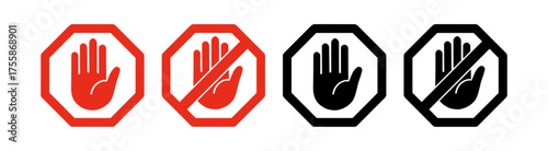 Red and black stop hand icons set vector illustration on transparent background