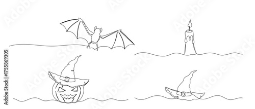 Pumpkin, wizard hat and bat one line illustration. Hand drawn vector continuous sketch of candle isolated on white background. Halloween designs set
