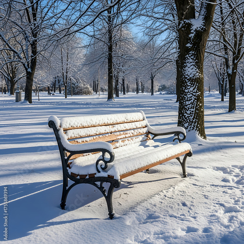 Snowy Wooden Bench in a Winter Park