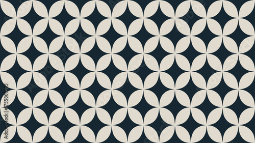 A repeating pattern of interlocking white petals on a dark blue background creating a floral design