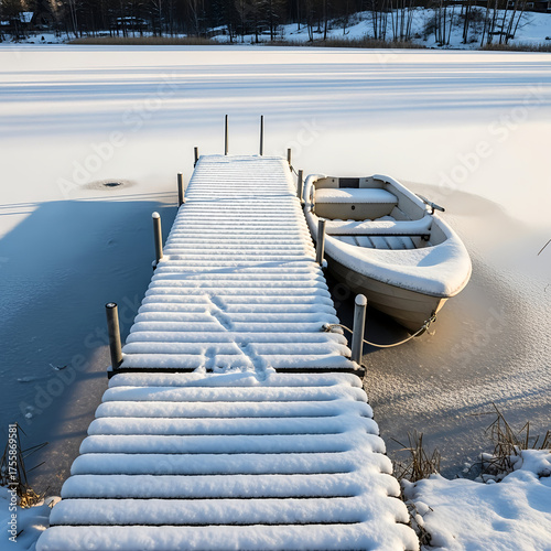 Snow Covered Wooden Dock and Boat on Frozen Lake