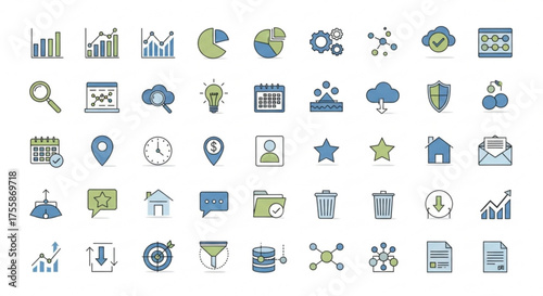 A comprehensive set of business and finance icons in flat design, covering various aspects of financial management and analysis