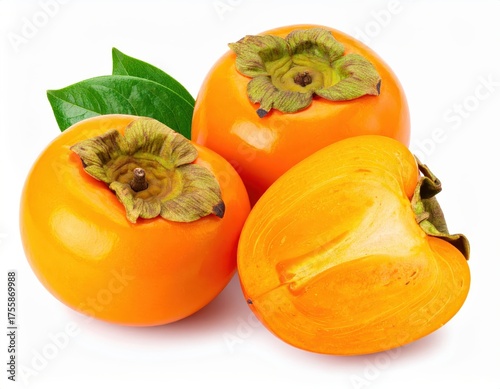 Close-up of fresh ripe persimmons with green leaves, showcasing vibrant orange color. Ideal for healthy eating, culinary, and natural food themes.
