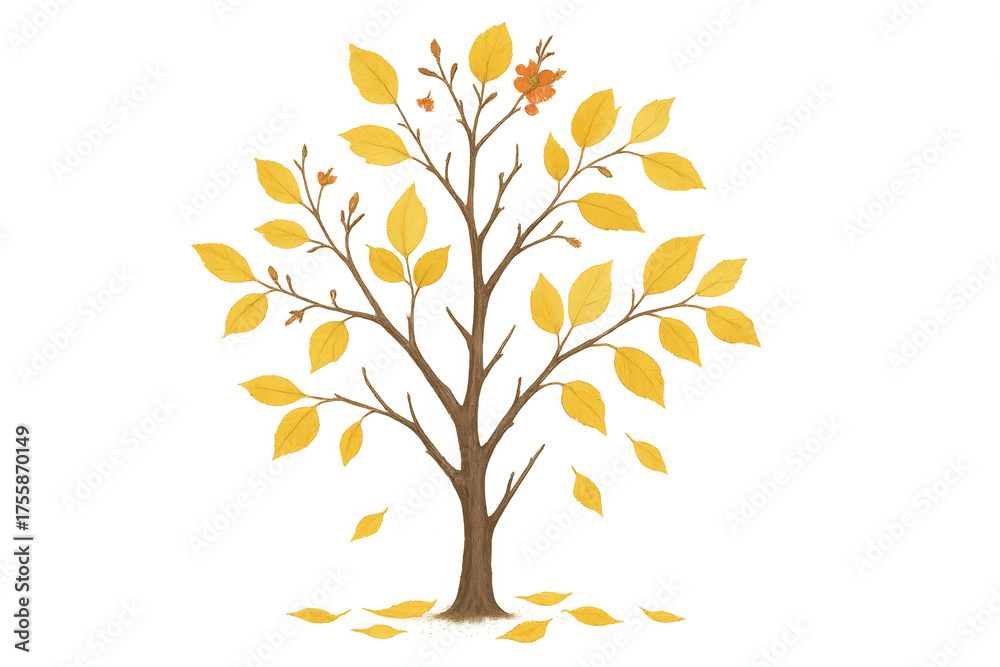 Fototapeta premium Autumn tree shedding yellow leaves representing season change, beginning of fall, and natural seasonal cycle