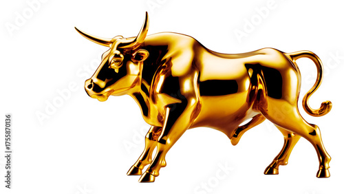 This image features a gleaming, golden statue of a bull. The bull is depicted in a powerful, charging stance, with its head lowered and horns pointed forward. Its muscular body.