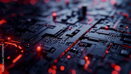 Dark microchip with glowing red lines and dots creating an abstract digital circuit board