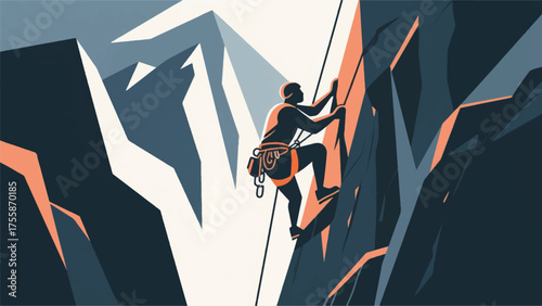Illustration Of Rock Climber Scaling A Jagged Cliff Face, Showing Detailed Climbing Gear And A Challenging Ascent Vector Design Template