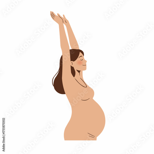 Pregnant woman stretching arms upward on white background