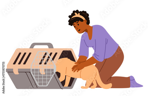 African American woman sitting on knees putting a cat inside pet carrier flat vector illustration isolated on white. Travel with pet preparation.