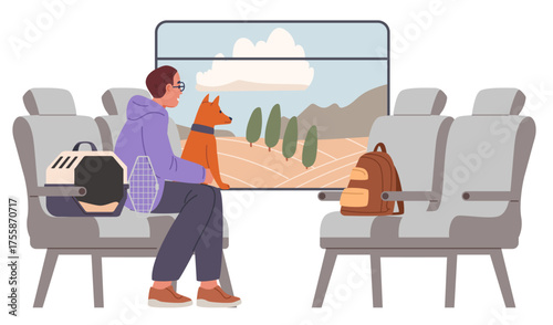 Man traveling by train with his dog sitting near window observing landscape flat vector illustration isolated on white. Travel with pet.
