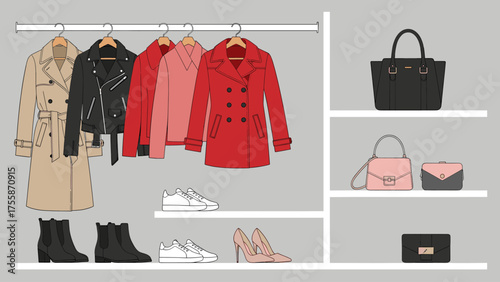 Illustrated Women's Wardrobe Collection: Fashion Clothing, Shoes, and Handbags Organized on Hangers and Shelves