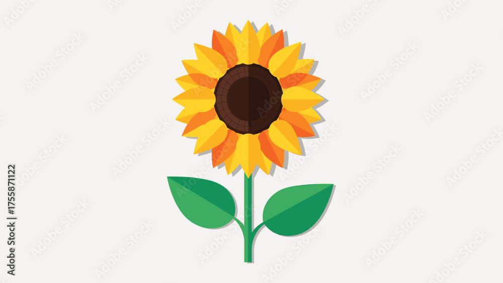 Naklejka premium Vibrant Flat Design Sunflower Illustration with Green Stem and Leaves
