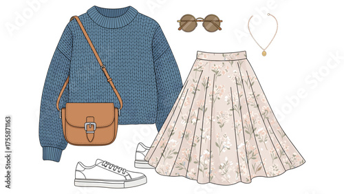 Casual women's fashion flat lay with blue sweater, floral skirt, sneakers, sunglasses, and accessories on white.