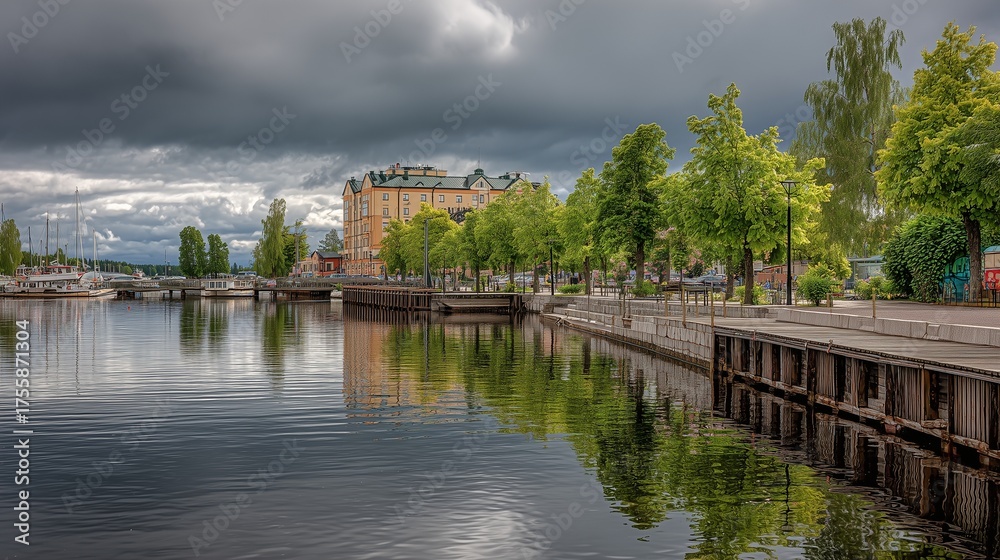 Fototapeta premium The trees frame the calm water and a dock as the trees stretch toward a cloudy sky. Along the dock, the trees and water reflect the surrounding buildings and boats.