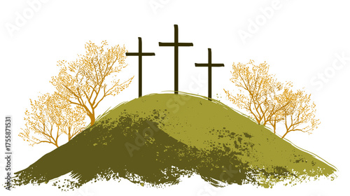 Vector illustration of three crosses on a hill top isolated on a white background