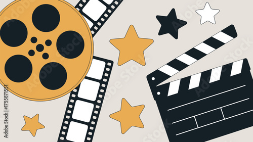 Flat lay of a film reel, film strip, clapperboard, and stars on a light background in a cartoon style