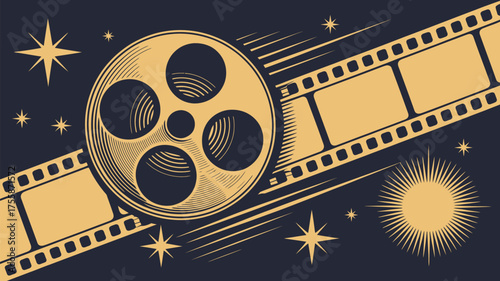 A film reel and film strip with stars and sunbursts on a dark background in a vintage style illustration