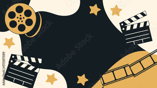 A movie themed background with film reel clapperboards stars and a black and beige color palette design
