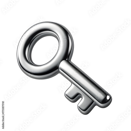 Metallic 3D key icon in chrome silver color, symbolizing access, unlock, or password security.
