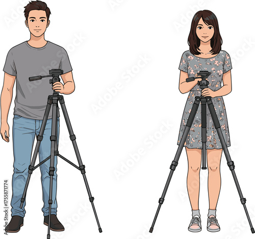 Tripod setup with casual man and woman, outdoor photography gear, lifestyle attire, floral dress, jeans, teamwork, hobby, videography scene