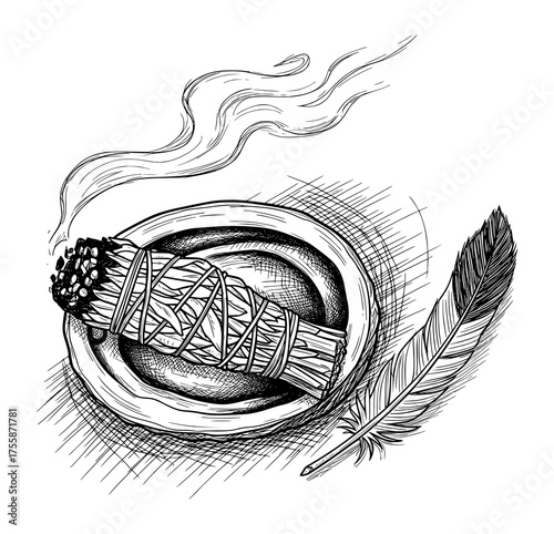 Hand-Drawn Smudge Stick with Feather in Cross-Hatched Style. Vector Illustration for Spiritual Cleansing.