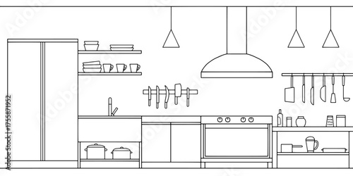 Restaurant kitchen room graphic black white interior sketch illustration vector