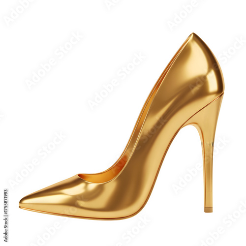 3D illustration of a gold high heel shoe set against a white backdrop