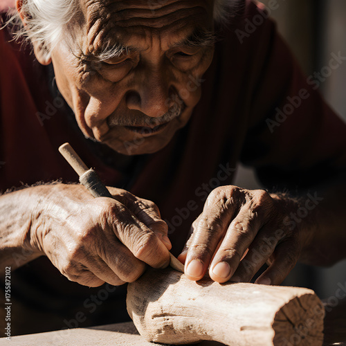 Elderly craftsman woodworker carving wooden piece with traditional hand tools showing expert craftsmanship and lifelong dedication