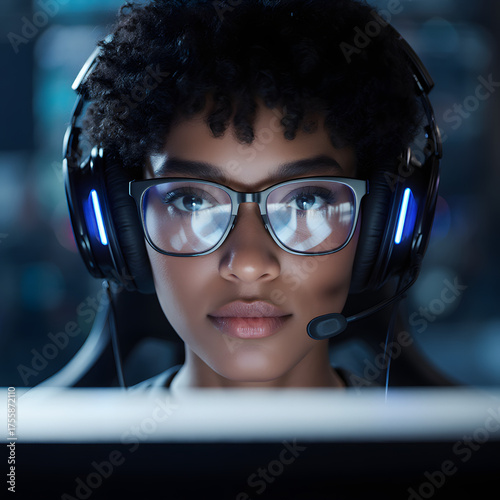 Close up of young African American woman wearing gaming headset with LED lights and eyeglasses looking at computer screen
