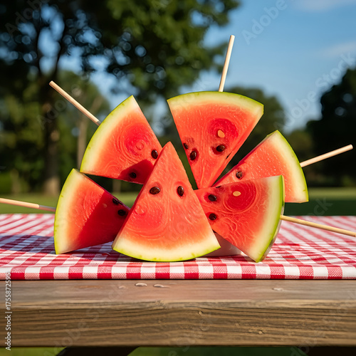 Red Watermelon Slices on Picnic Table Outdoors