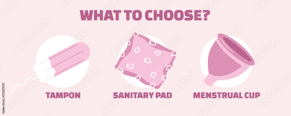Obraz premium Female period infographic banner comparing period products — tampon, sanitary pad, and menstrual cup. Educational design for women’s hygiene and health