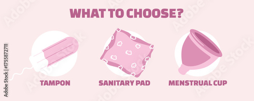 Female period infographic banner comparing period products — tampon, sanitary pad, and menstrual cup. Educational design for women’s hygiene and health