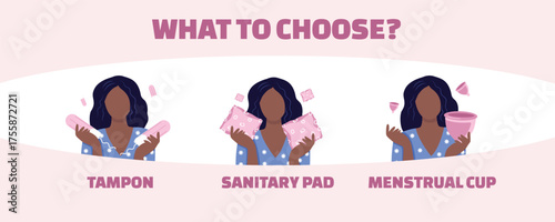Menstrual hygiene infographic banner: what to choose — tampon, sanitary pad, or menstrual cup? Educational banner for women’s health and gynecology