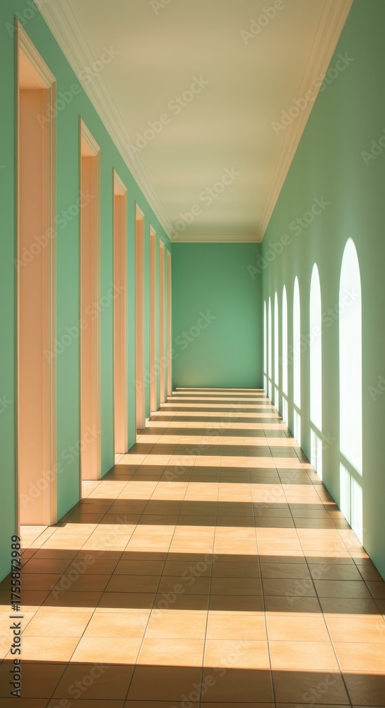 Fototapeta premium Long architectural corridor with bright striped sunlight shadows on a tiled floor and mint green walls