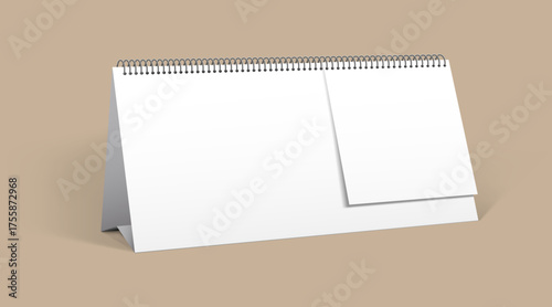 Realistic vector mockup of a blank spiral-bound desk calendar on a beige background. Perfect for branding, design presentations, or adding your own content.