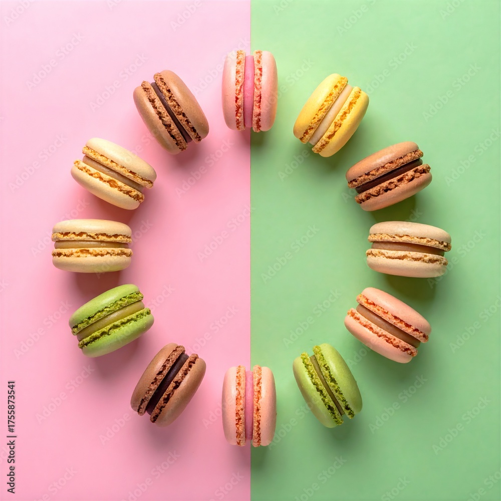 Fototapeta premium Bunte Macarons in einem Kreis angeordnet, Pastellfarben,Draufsicht