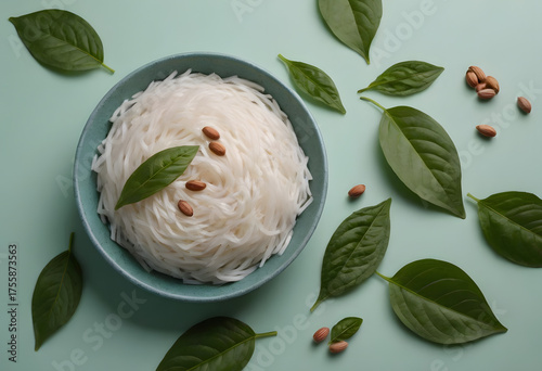 Funchoza salad with fresh leaf on a plate top view web banner