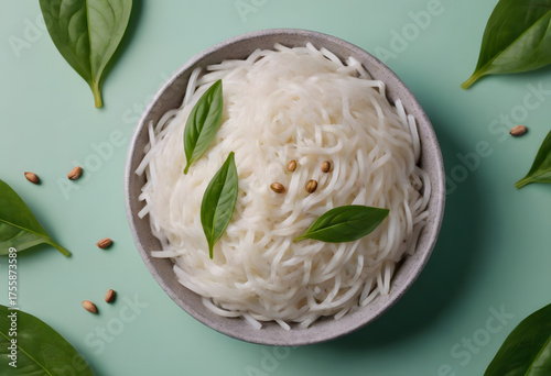 Funchoza salad with fresh leaf on a plate top view web banner