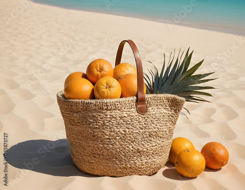Straw hat, sunglasses, towel, bag on beach sand background. Summer vacation concept