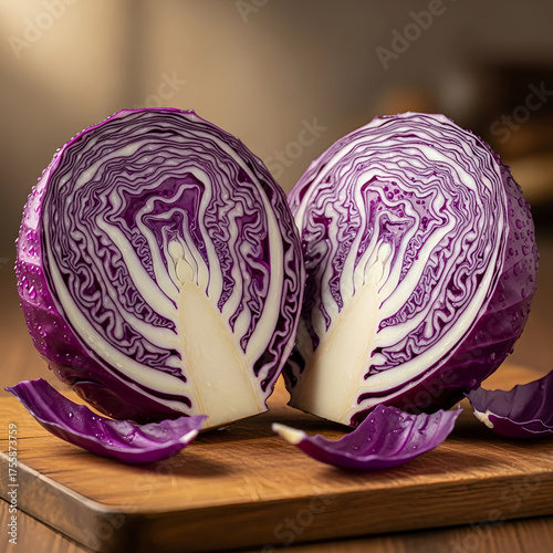 Halved Red Cabbage on a Wooden Board Showing Intricate Internal Patterns and Purple Leaves Fresh and Vibrant Food Still Life on Dark Wood