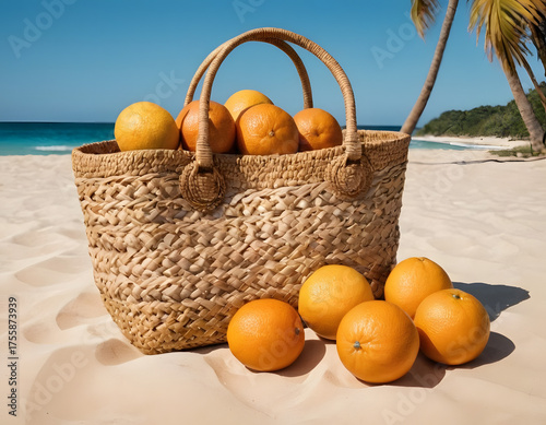 Straw hat, sunglasses, towel, bag on beach sand background. Summer vacation concept