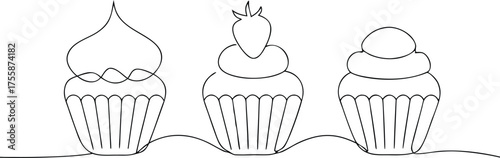 Three line art cupcakes with strawberry topping dessert
