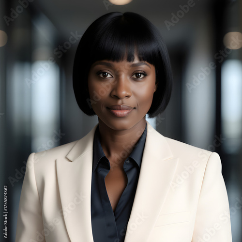 Professional Business Portrait Black Woman Bob Hairstyle Beige Blazer Black Shirt Office Background Corporate Headshot Modern Workplace Diversity Smile
