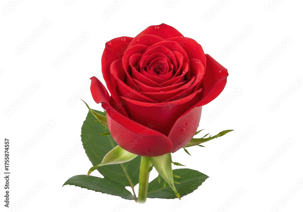 Fototapeta premium A single red rose with green leaves isolated on transparent background