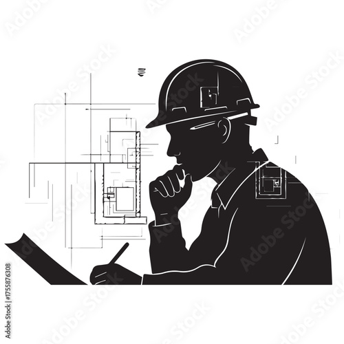 Silhouette of an architect or engineer contemplating blueprints